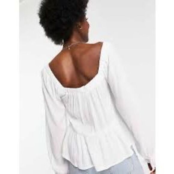 ASOS Square Neck Crinkle Smock Ivory White‎ Smock Top Size 10 - Picture 2 of 9